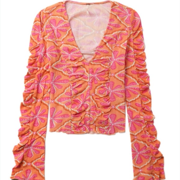Free People Through The Meadow Mesh Blouse Top Floral Grapefruit Printed XS - Picture 4 of 12